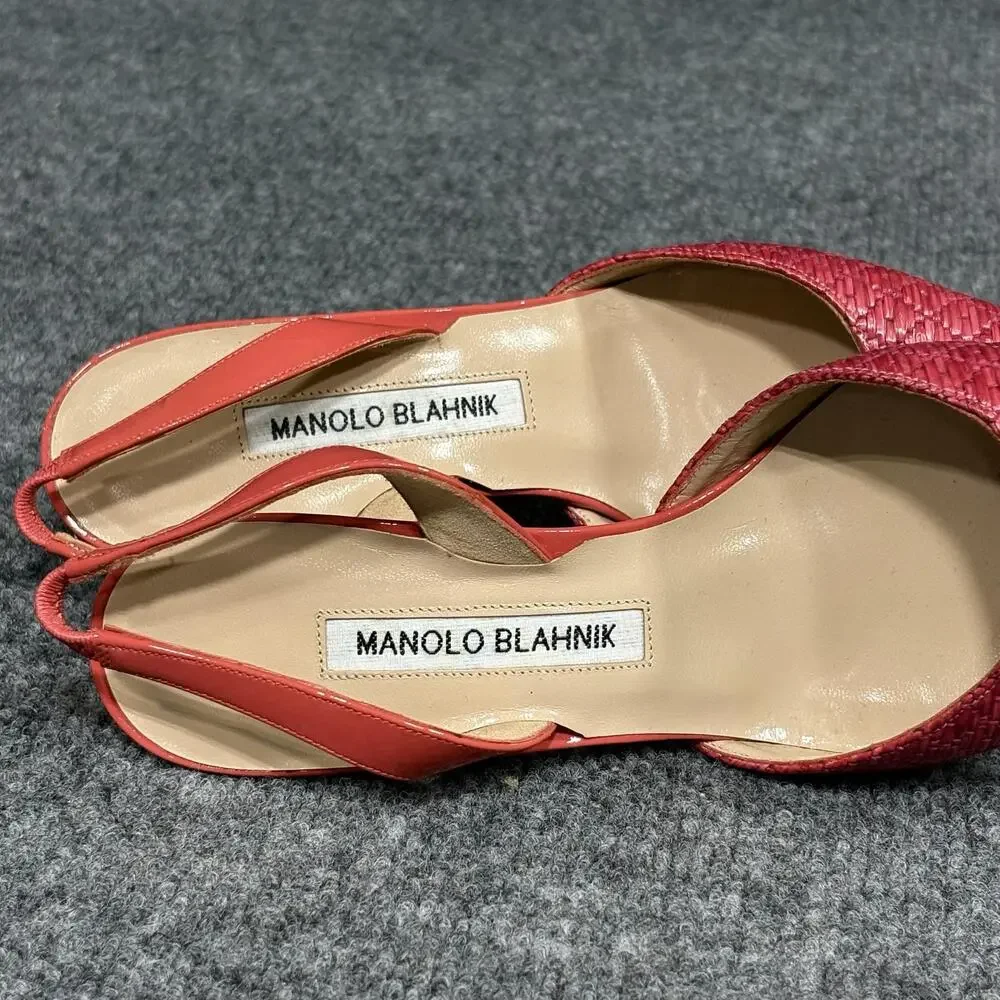 Manolo Blahnik Slingback Heels Womens 5 Pink Capsli Raffia Leather Italy Shoes